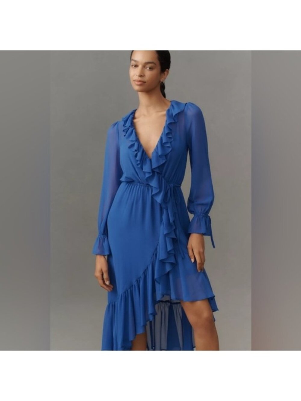 NWT By Anthropologie XS Long-Sleeve Ruffled Asymmetric Midi Dress Royal Blue